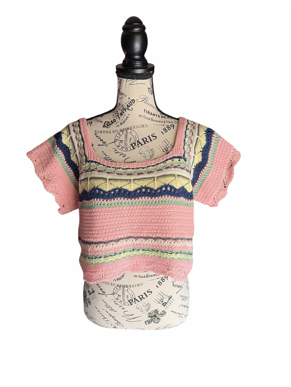 POL Crochet Sweater Top Large Boho Cottagecore Square Neck Pink